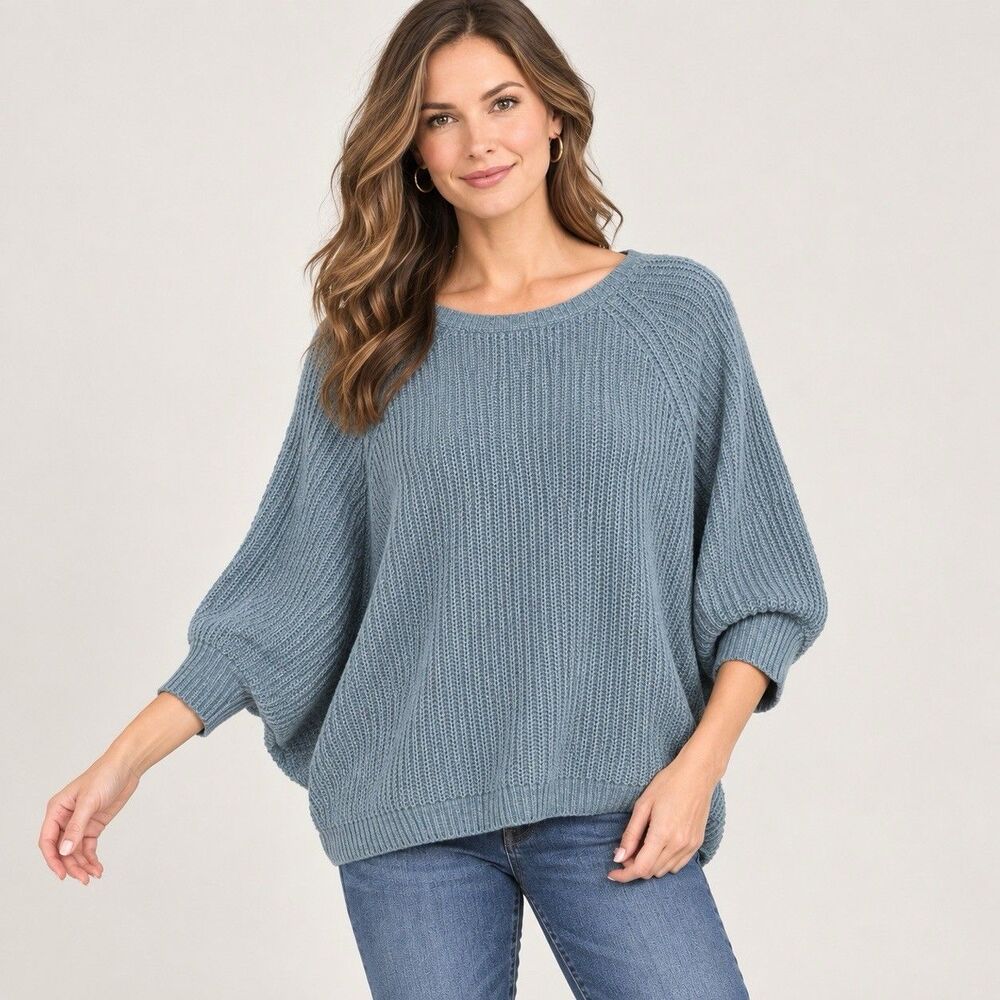 Chico's Sweater Women's Size 2 L Blue Ribbed Oversized Batwing Dolman Sleeve